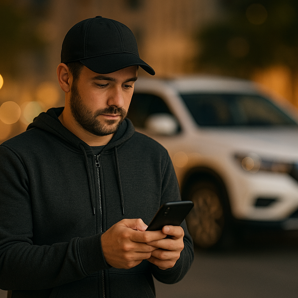 Driver using phone near rental vehicle
